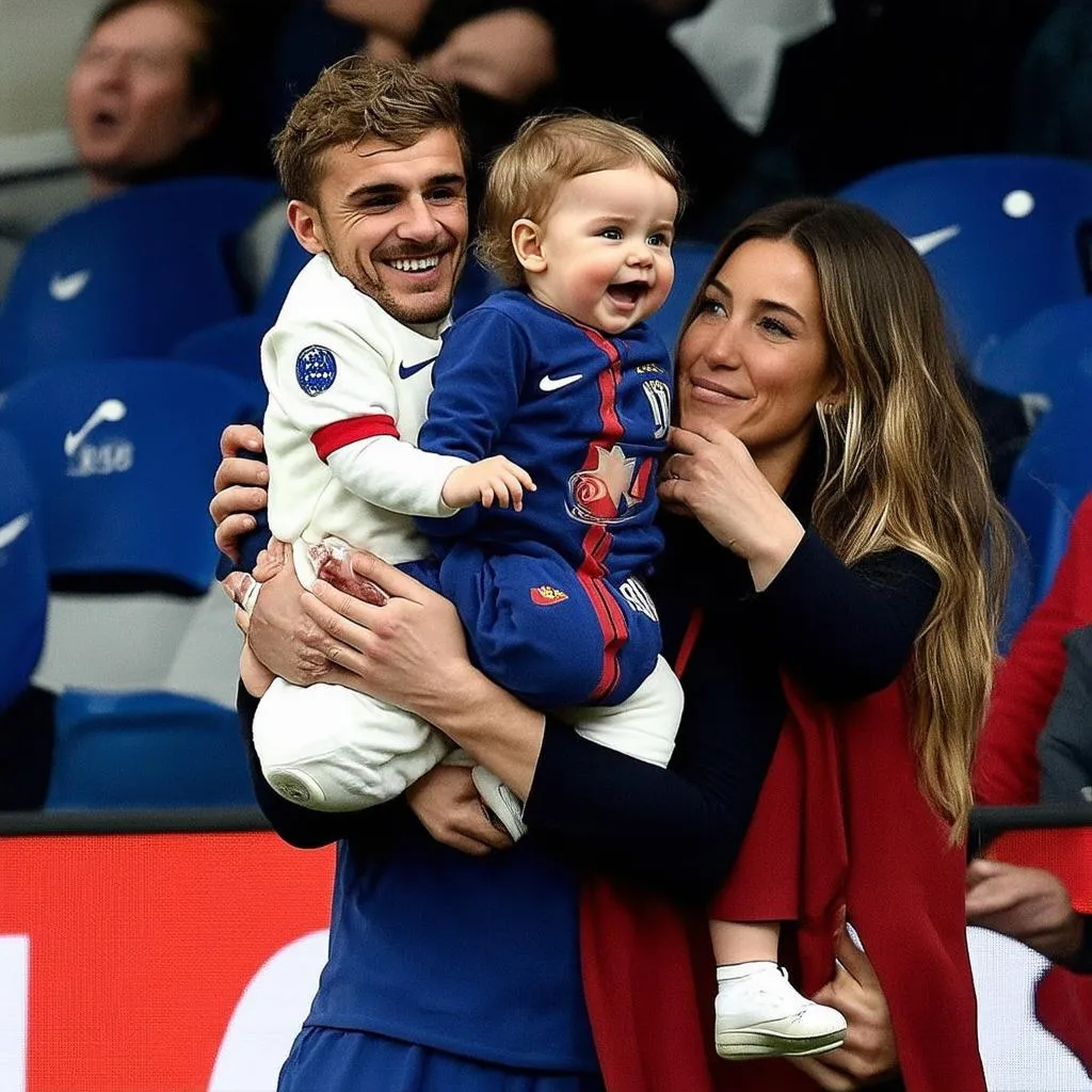 Antoine Griezmann và Mia Griezmann ở sân cỏ