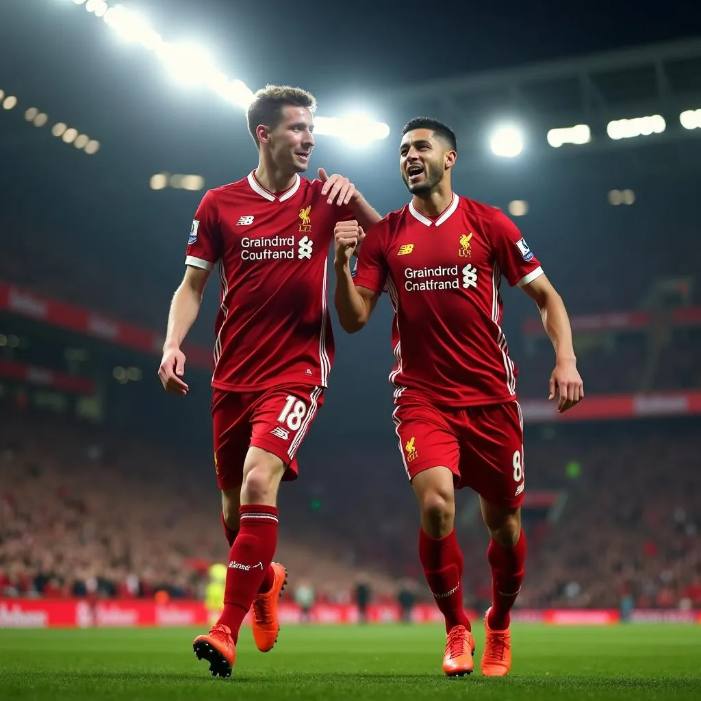 Gerrard và Coutinho trong màu áo Liverpool trên sân Anfield