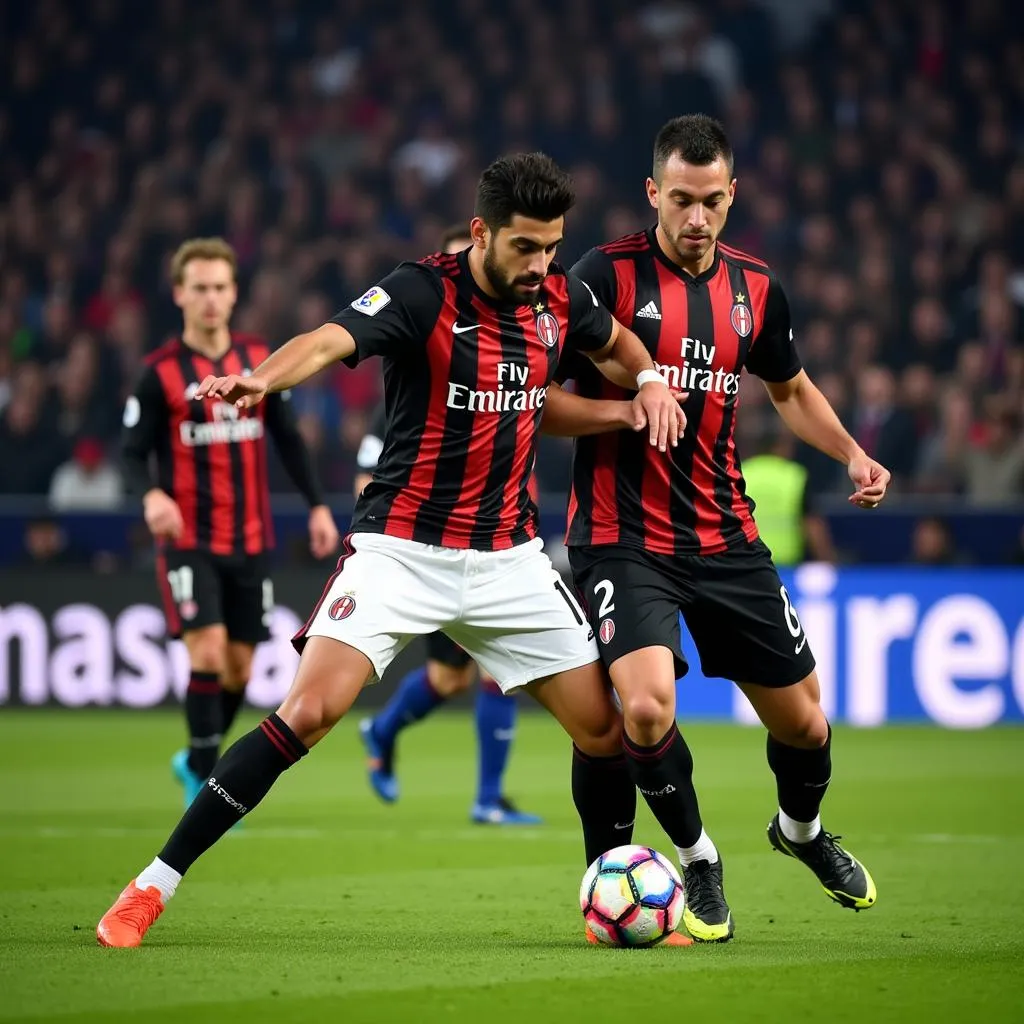 Cầu thủ AC Milan và Inter Milan tranh bóng quyết liệt