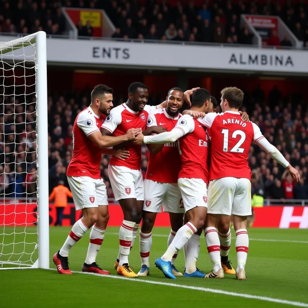 Các cầu thủ Arsenal ăn mừng chiến thắng tưng bừng