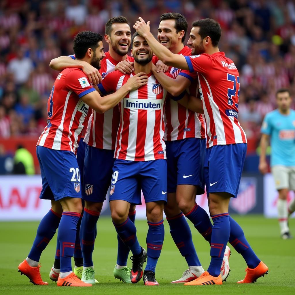 Cầu thủ Atletico Madrid ăn mừng bàn thắng