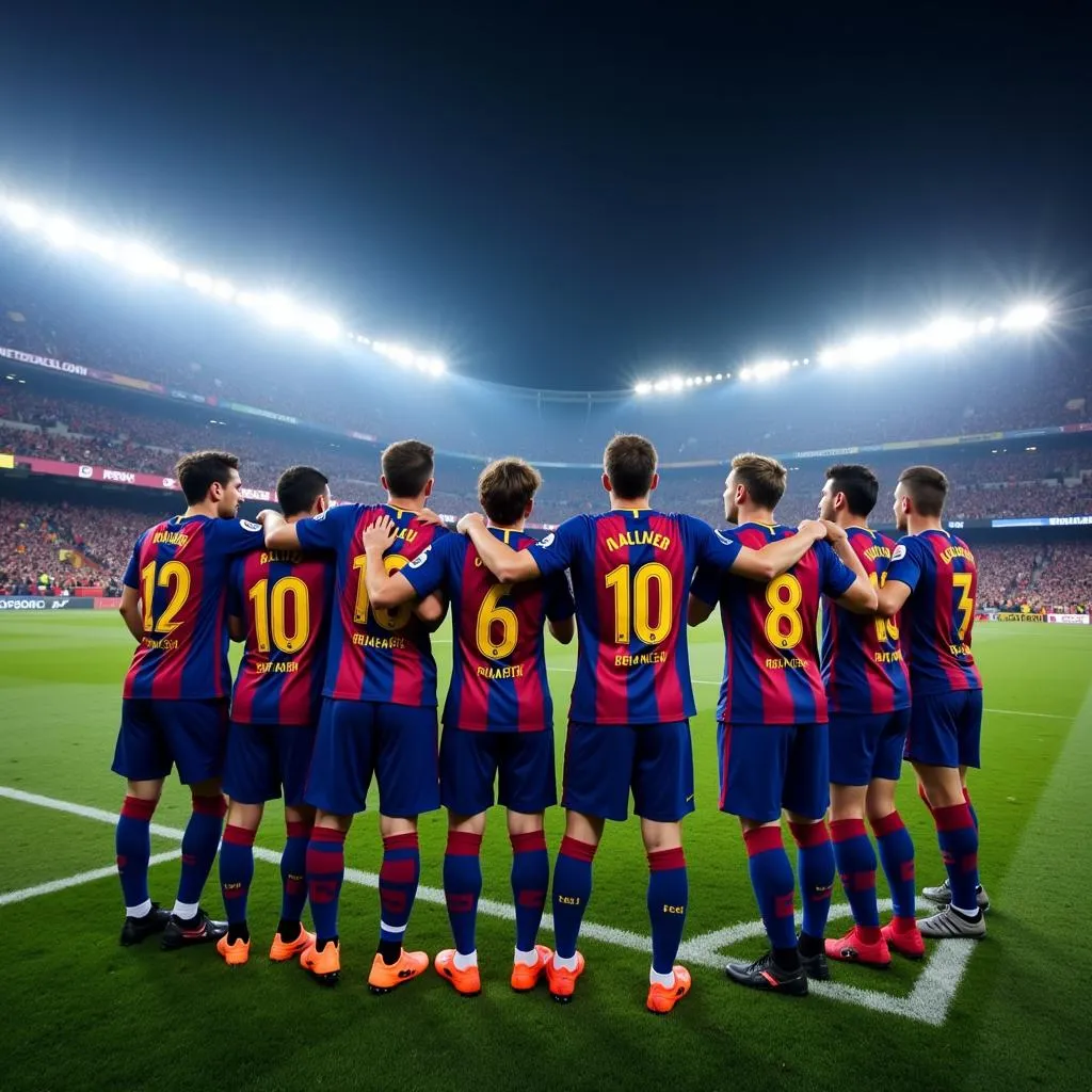 Barcelona players celebrating a goal at the renovated Camp Nou stadium