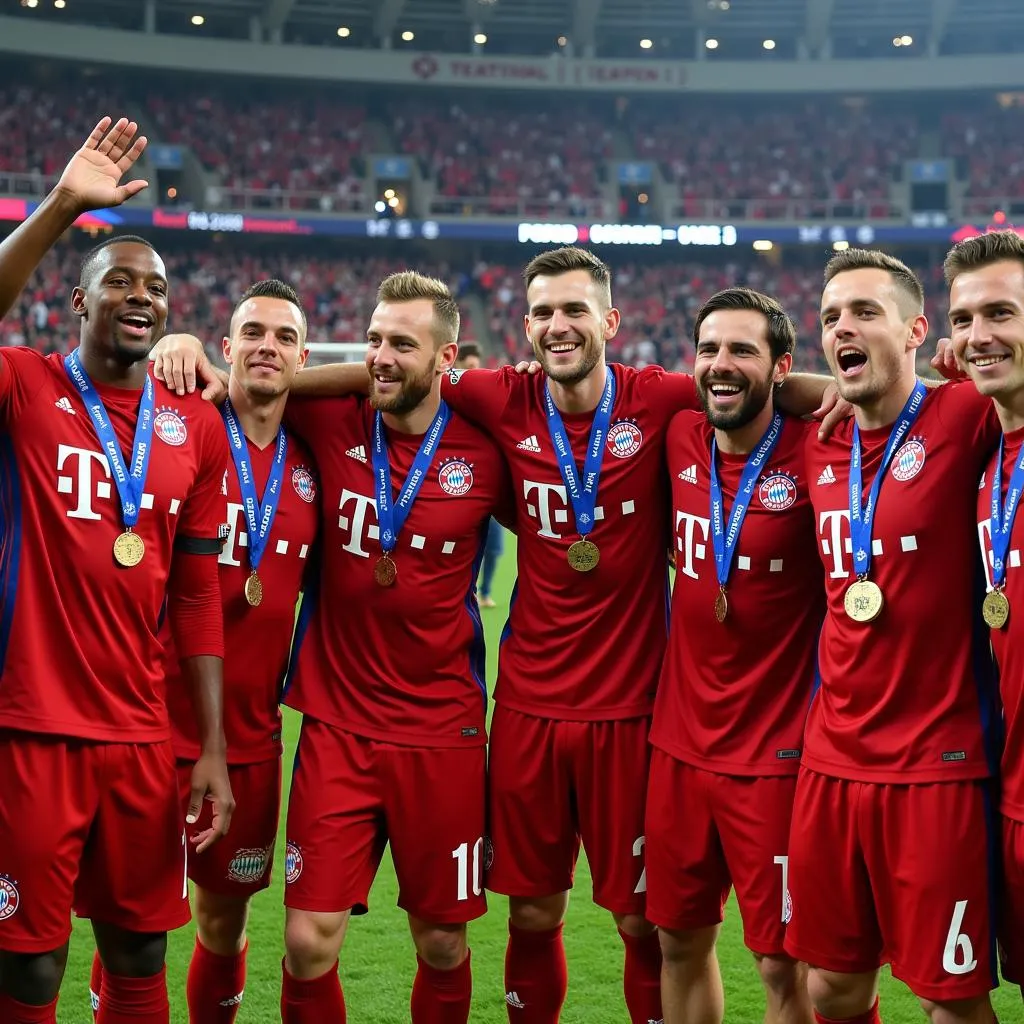 Các cầu thủ Bayern Munich ăn mừng chiến chức vô địch Champions League với logo Bayern nổi bật trên ngực áo