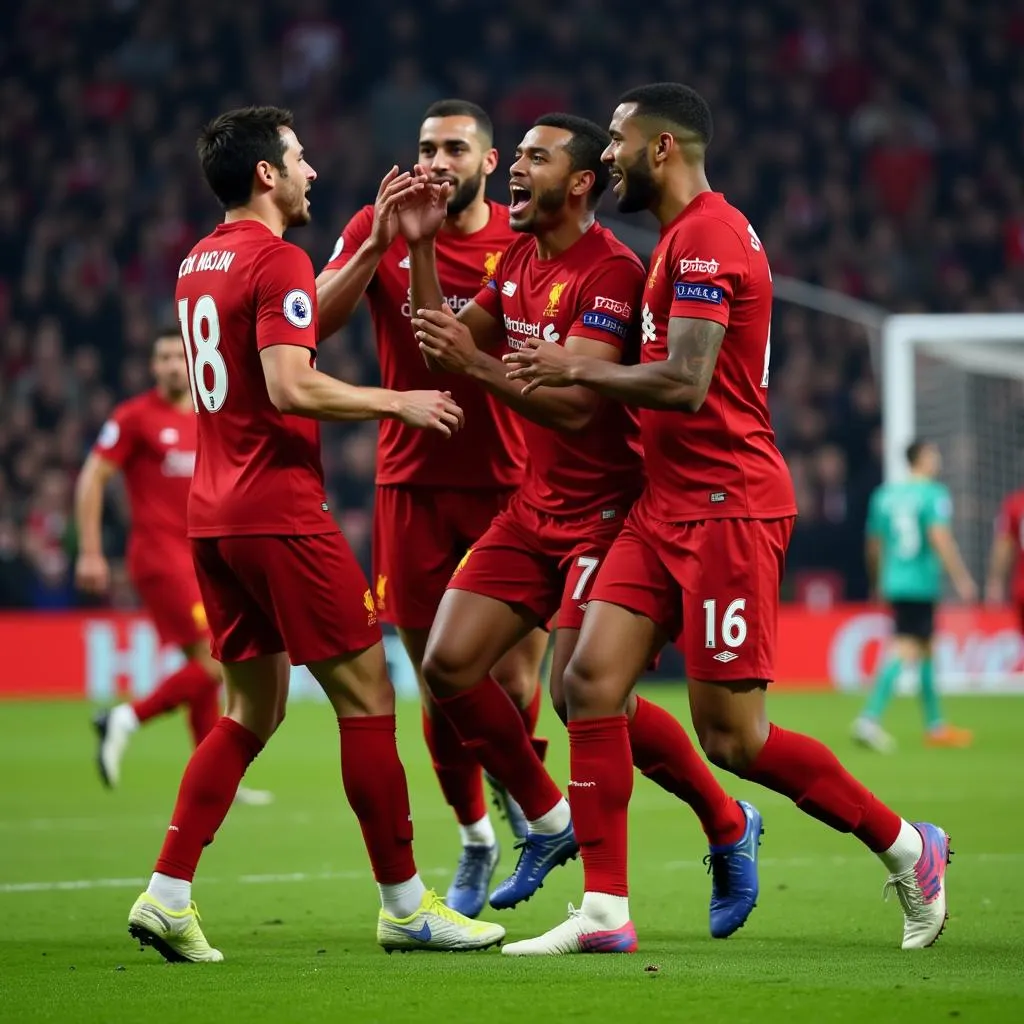 Các cầu thủ Liverpool ăn mừng bàn thắng từ tình huống phạt góc