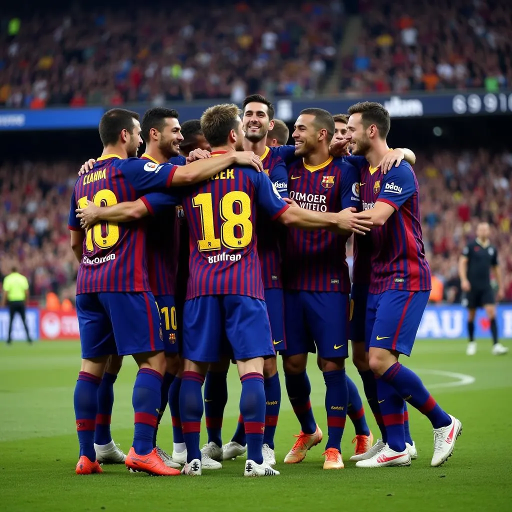 Cầu thủ Barca ăn mừng chiến thắng trong áo đấu 2015