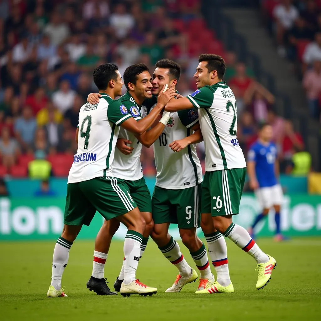 Mexican football players celebrating a goal