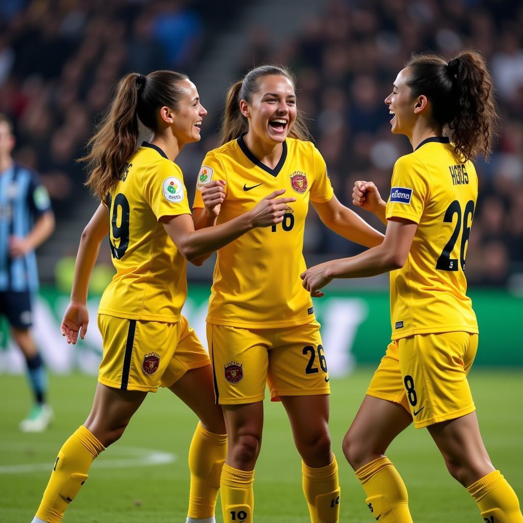 MU players celebrating a goal scored away from home