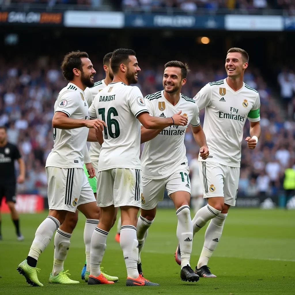 Các cầu thủ Real Madrid ăn mừng bàn thắng