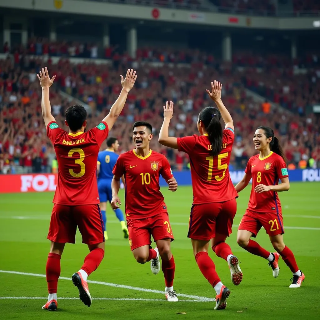 Vietnamese football team celebrating a goal