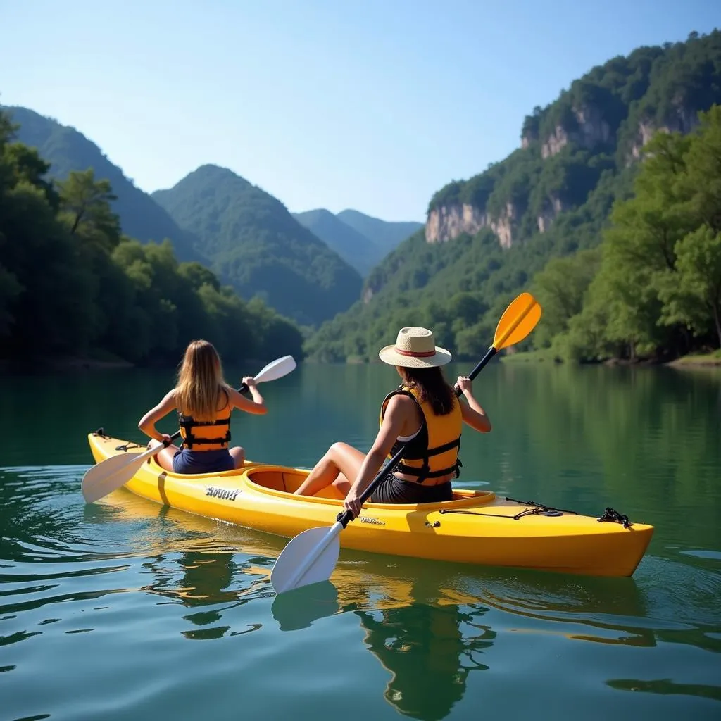 Du khách trải nghiệm chèo thuyền Kayak tại Sôi Vàng Lake