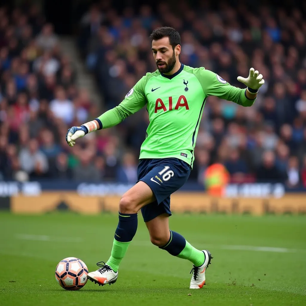 Hugo Lloris với tư thế  quyết đoán trong khung gỗ Tottenham