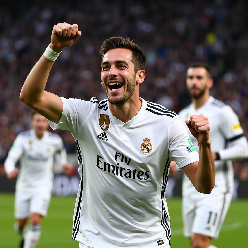 Joselu ăn mừng bàn thắng trong màu áo Real Madrid