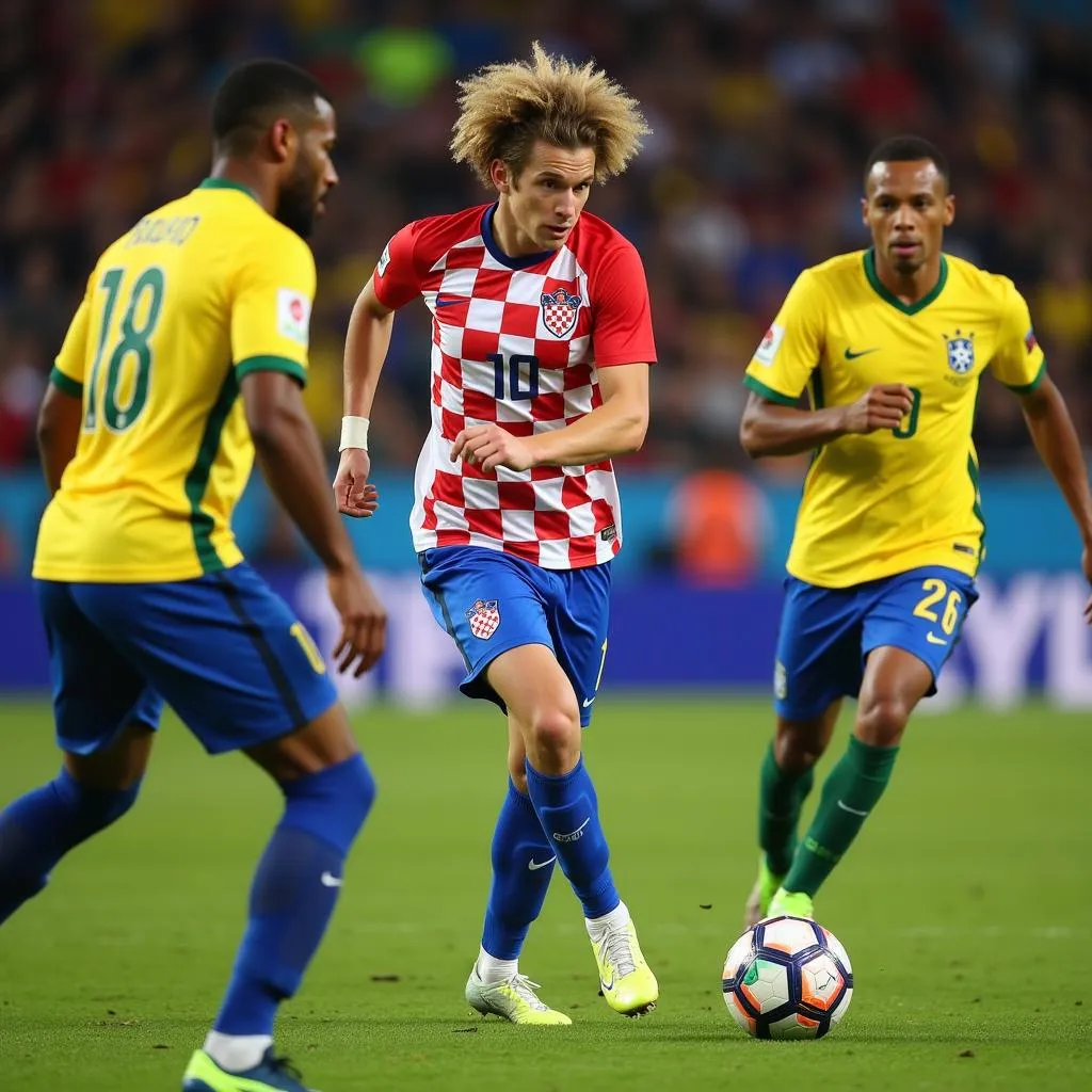 Luka Modric điều phối bóng giữa vòng vây Brazil