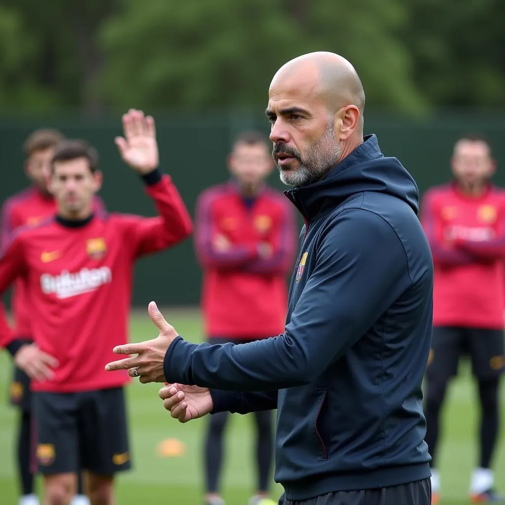 Pep Guardiola hướng dẫn chiến thuật cho các cầu thủ Barcelona