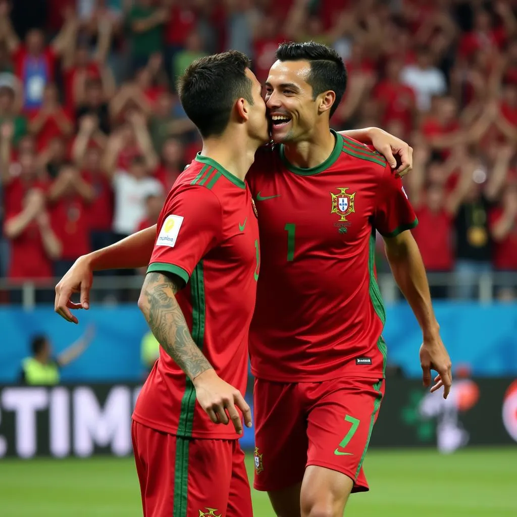 Ronaldo và Bruno Fernandes ăn mừng bàn thắng