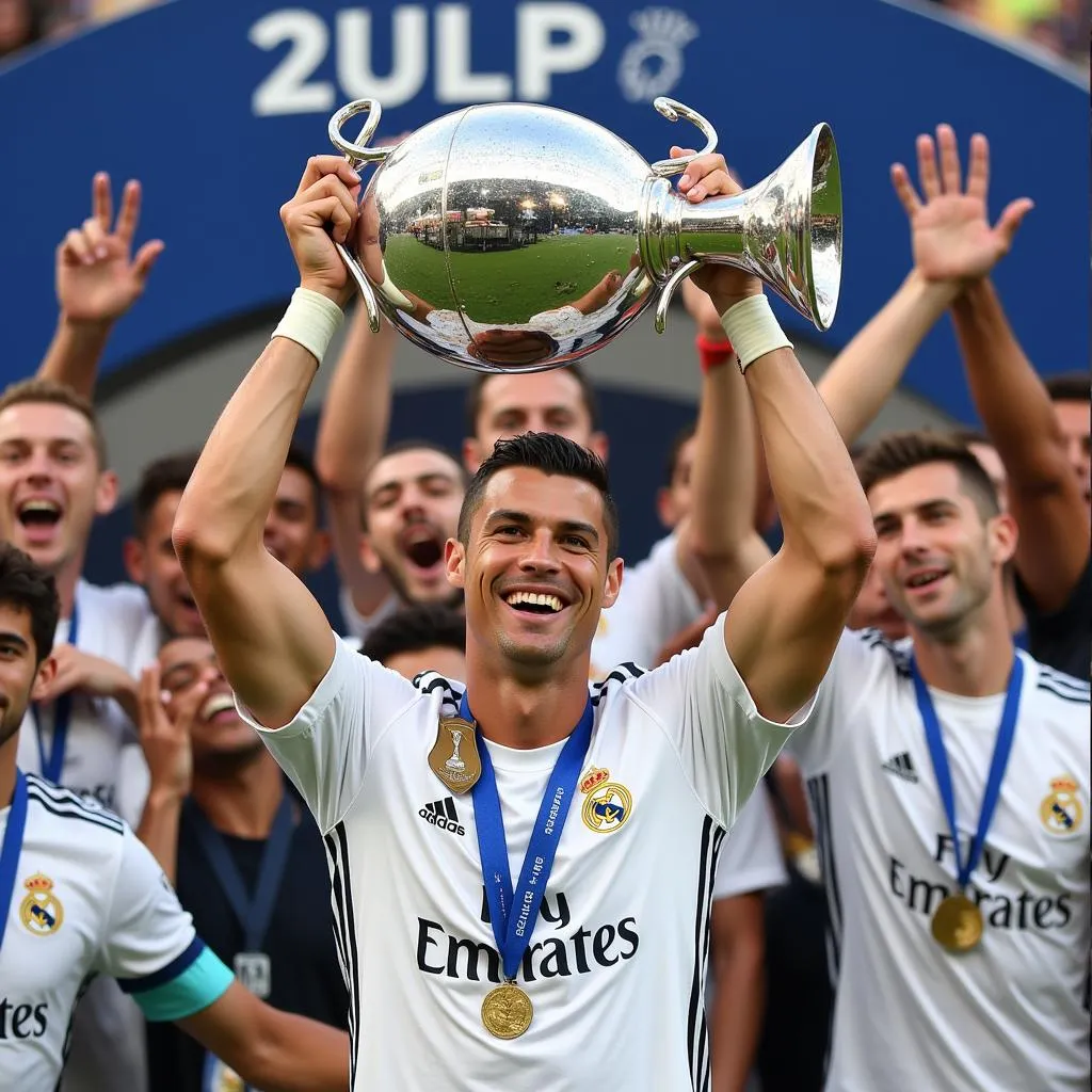 Ronaldo ăn mừng chức vô địch Champions League cùng Real Madrid