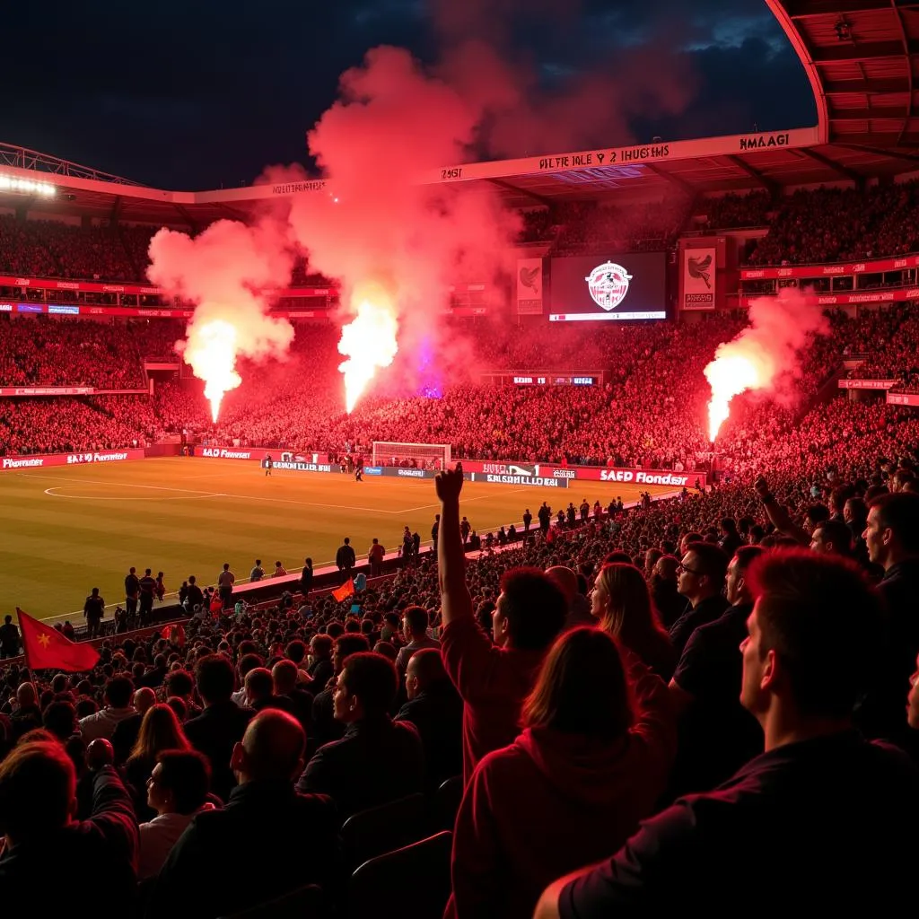 Football fans create a fiery atmosphere in the stands