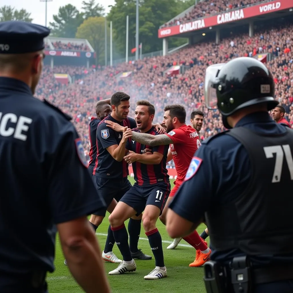 Violence erupts between rival football fans in a stadium