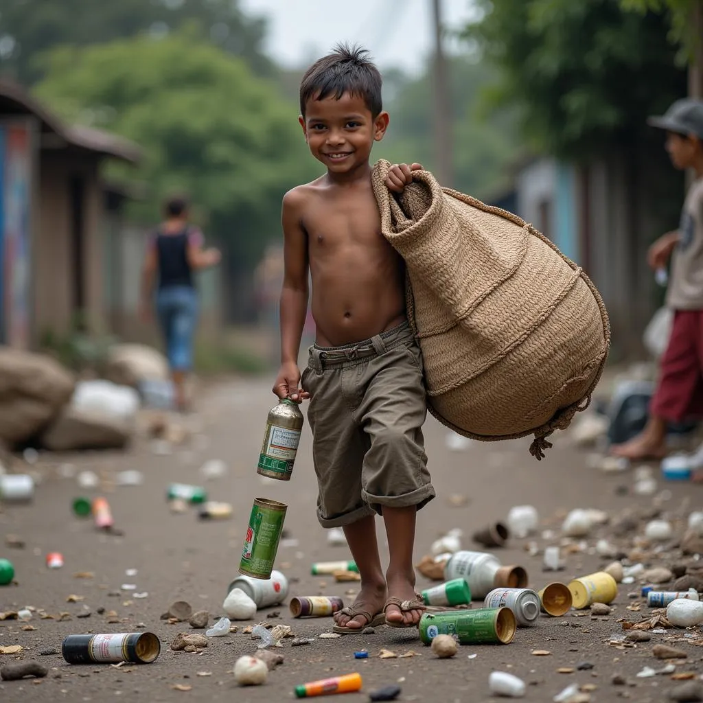 Cậu bé tí hon cần mẫn nhặt ve chai