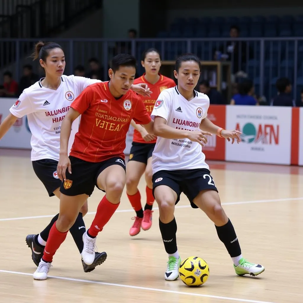 Cầu thủ Việt Nam và Indonesia tranh chấp quyết liệt trong trận bán kết Futsal Đông Nam Á 2019