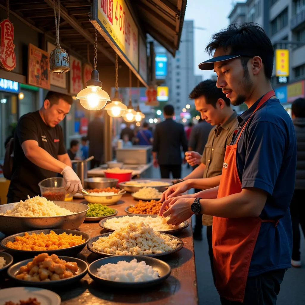 Người bán hàng đang gói xôi cho khách